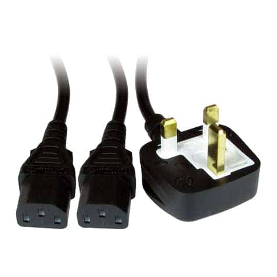 2m Kettle Lead UK Plug to Twin C13 Power Cable/Connector - Black